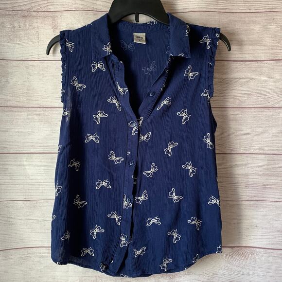 Disney by Lauren Conrad Navy Blue Button Up Sleeveless Blouse Bow Pattern Size L - Picture 1 of 14
